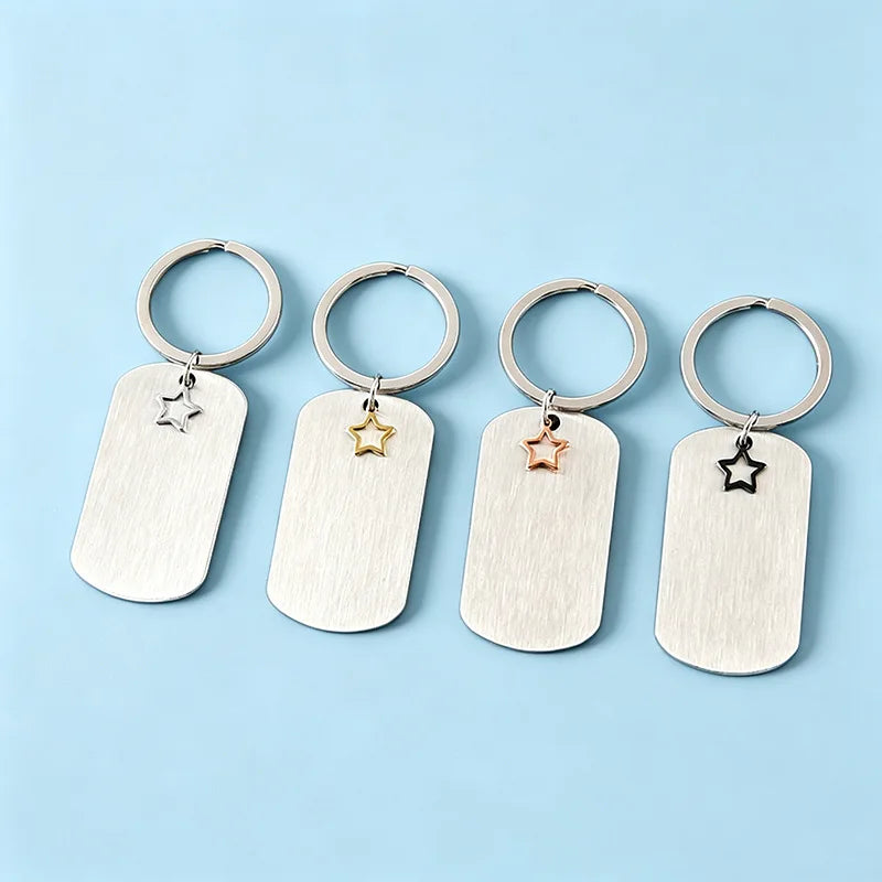 High Quality Laser Engraved Logo Stainless Steel Brushed Metal Blank Keychains Hollowed Out Star Charms Dog Tab Keyrings Jewelry MegaBDM