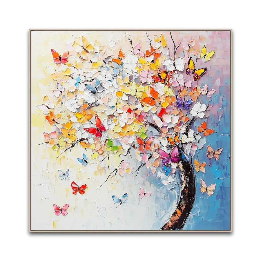 Wholesale Modern Hot Selling Oil Paintings Butterfly Tree Backside Hand-painted Brush Flowers Canvas Art Prints for Art Projects