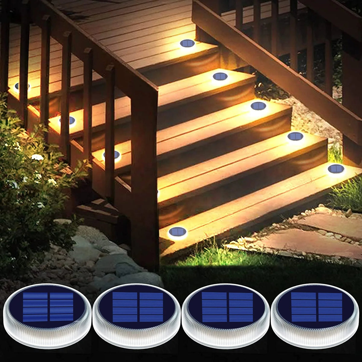 Quality 4-Pack IP68 Waterproof Auto ON/Off Solar Driveway Deck Lights Outdoor Stairs Step Fence Yard Patio Garden LED Lights