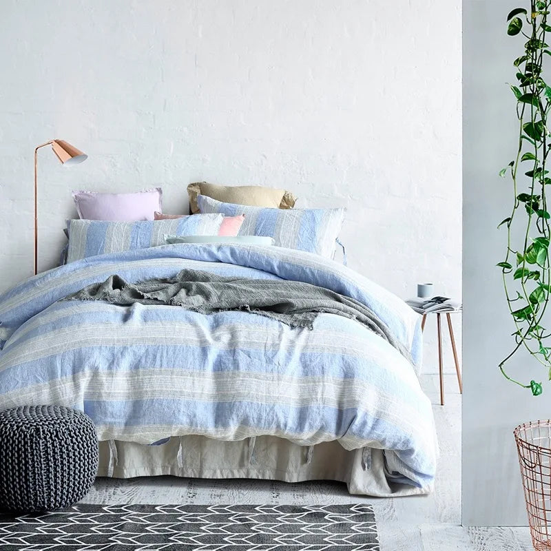 New Grade a Blue Striped Pattern Duvet Cover Simple Style Bed Cover Linen Bedspread Set 4 Pieces Home Bedding Set MegaBDM