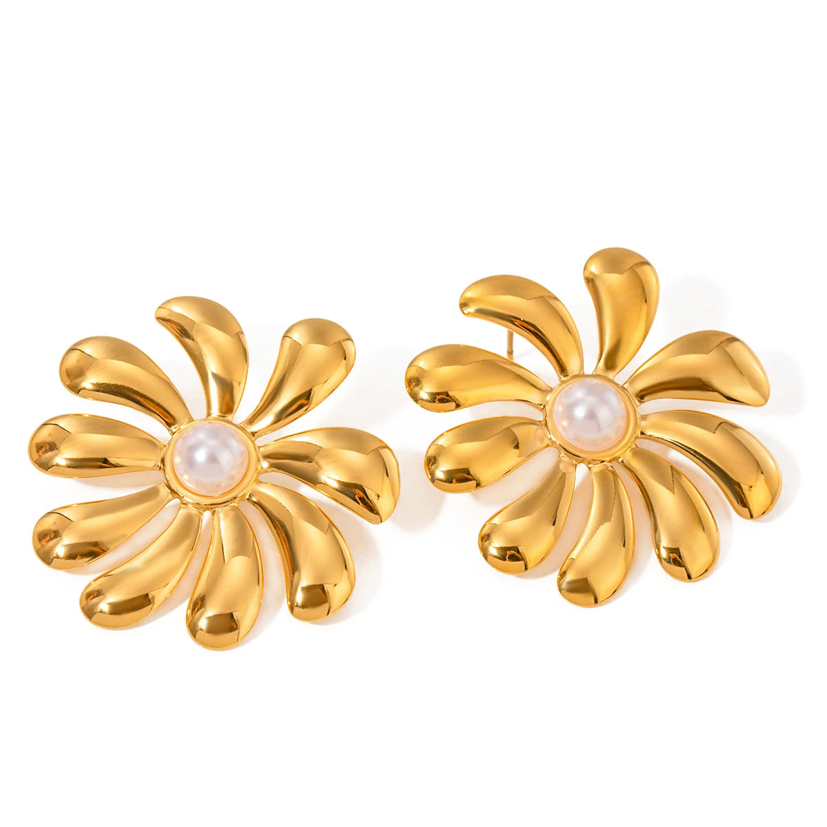J&D Design Pearl Sunflower  Imitation Pearl Earring 18k PVD Stainless Steel Gold Plated  Drop Earring for Women