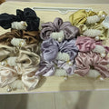 Elegant Jumbo Black Satin Hair Scrunchies with Pearls Korean Japan Style Wholesale for Girls Made of Polyester
