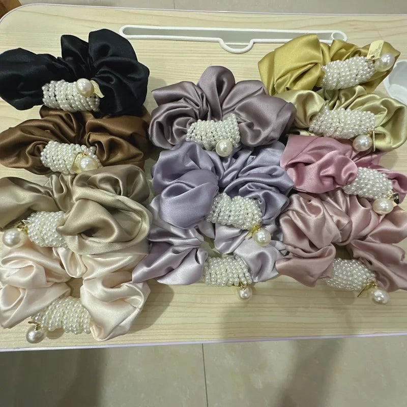 Elegant Jumbo Black Satin Hair Scrunchies with Pearls Korean Japan Style Wholesale for Girls Made of Polyester
