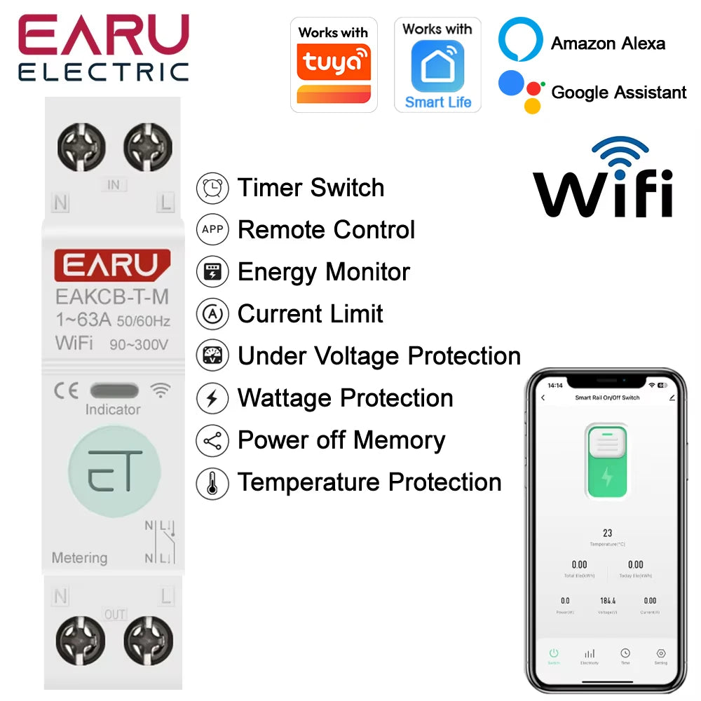 Tuya WiFi Smart Circuit Breaker MCB Timer 1P+N 63A Power Energy kWh Voltage Current Meter Protector Voice Remote Control Switch