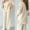 Wholesale Winter Women's Polo Sweater Suit Solid V Neck Knit Sweater Wide Leg Pants Split Sweaters Set Women Clothing