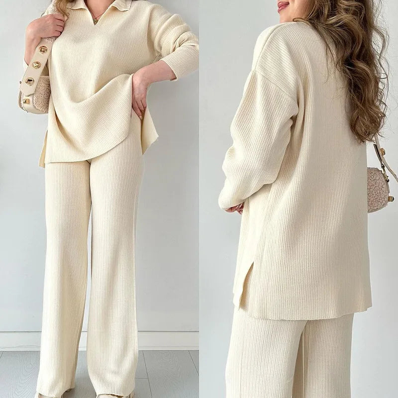 Wholesale Winter Women's Polo Sweater Suit Solid V Neck Knit Sweater Wide Leg Pants Split Sweaters Set Women Clothing