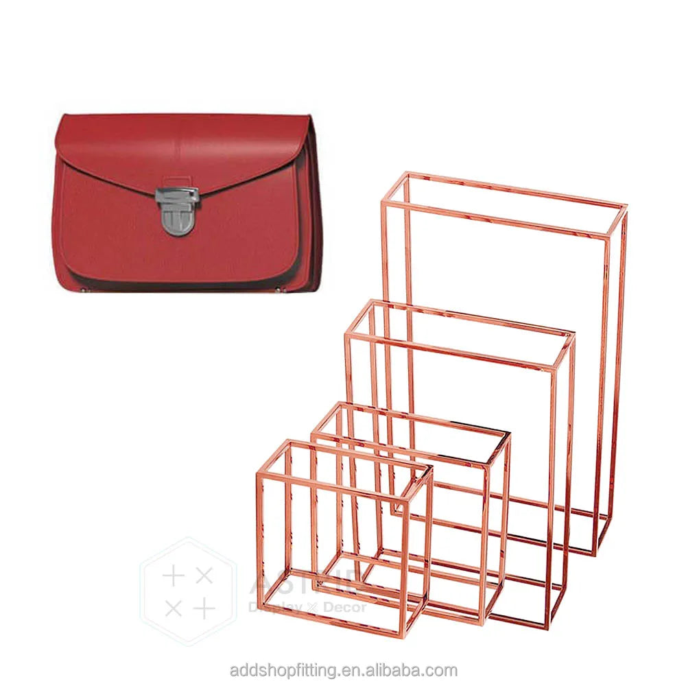 Rose Gold Stainless Steel Metal Cube Bag Purse Display Stand for Shop