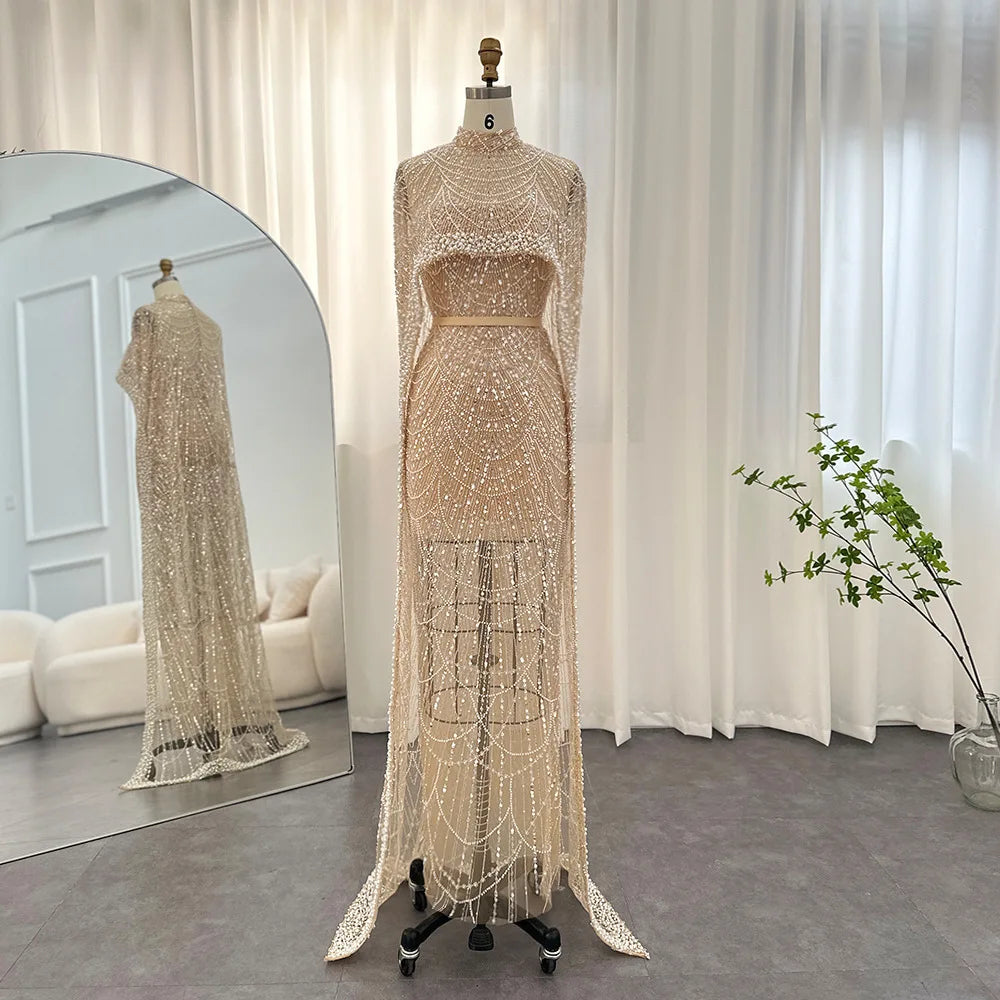 Luxury Champagne Womens Evening Dress High Neck Long Sleeve Crystal Beaded Sheer Cape Bodycon Maxi Gown for Prom Party MegaBDM