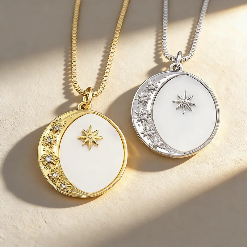 QIKU Luxury Round Shape Moon/Star Pendant Necklace Gold&Silver Color Link Copper Zircon Charm Couple Jewelry Women Men Wholesale