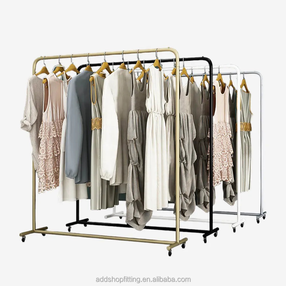 Stainless Steel Movable Wheel Rail Stand Clothes Display Rack