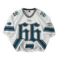 Wholesale Teal V-Neck Jersey T-Shirt White Oversized Streetwear Top with Stripe Sleeves & King Letter Patch Men's T-Shirts