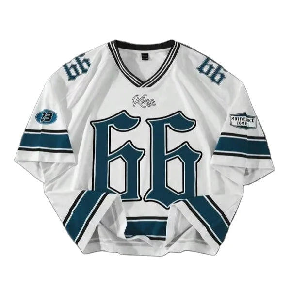 Wholesale Teal V-Neck Jersey T-Shirt White Oversized Streetwear Top with Stripe Sleeves & King Letter Patch Men's T-Shirts