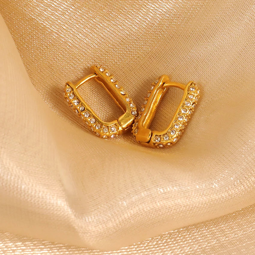 Trendy Gold Square Huggie Earrings with Full Cubic Zirconia Sparkling Daily Wear Earrings for Women