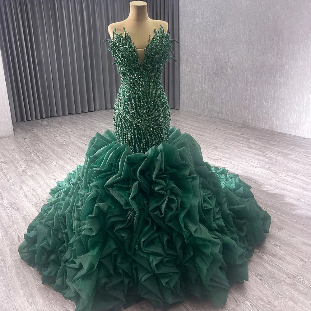 Jancember 231040 Unique Mature Green Pearls Mermaid Evening Ruffle Women's Dresses