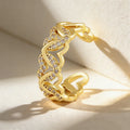 QIKU Full Crystal Heart Shape Opening Adjustable Rings Gold Color Copper Zircon Wedding Party Jewelry Gift Customized Wholesale