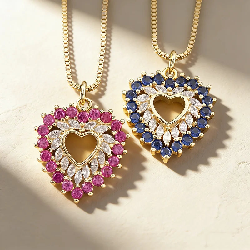 QIKU Romance 3 Color Rhinestone Hollow Out Heart Pendant Women Necklace Copper Zircon Chain Charm Wedding Party Gift Wholesale