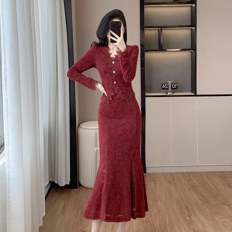 Winter Elegant 2 Piece Set for Women Top And Lace Mermaid Dress Set Ropa Wholesale