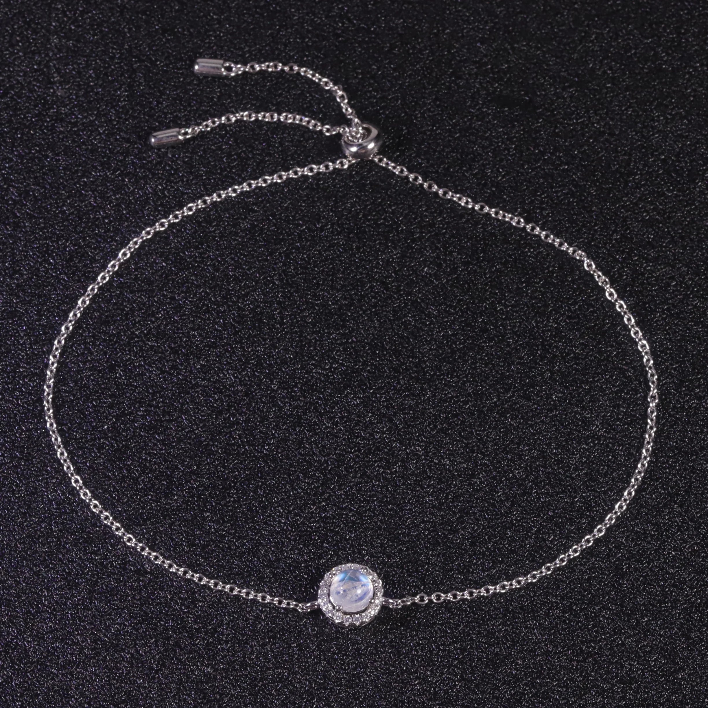 U16A Abiding Hot Selling Adjustable 925 Sterling Silver Charm Bracelet Cz Halo 5MM Moonstone Gemstone Link Chain Anklet Bracelet
