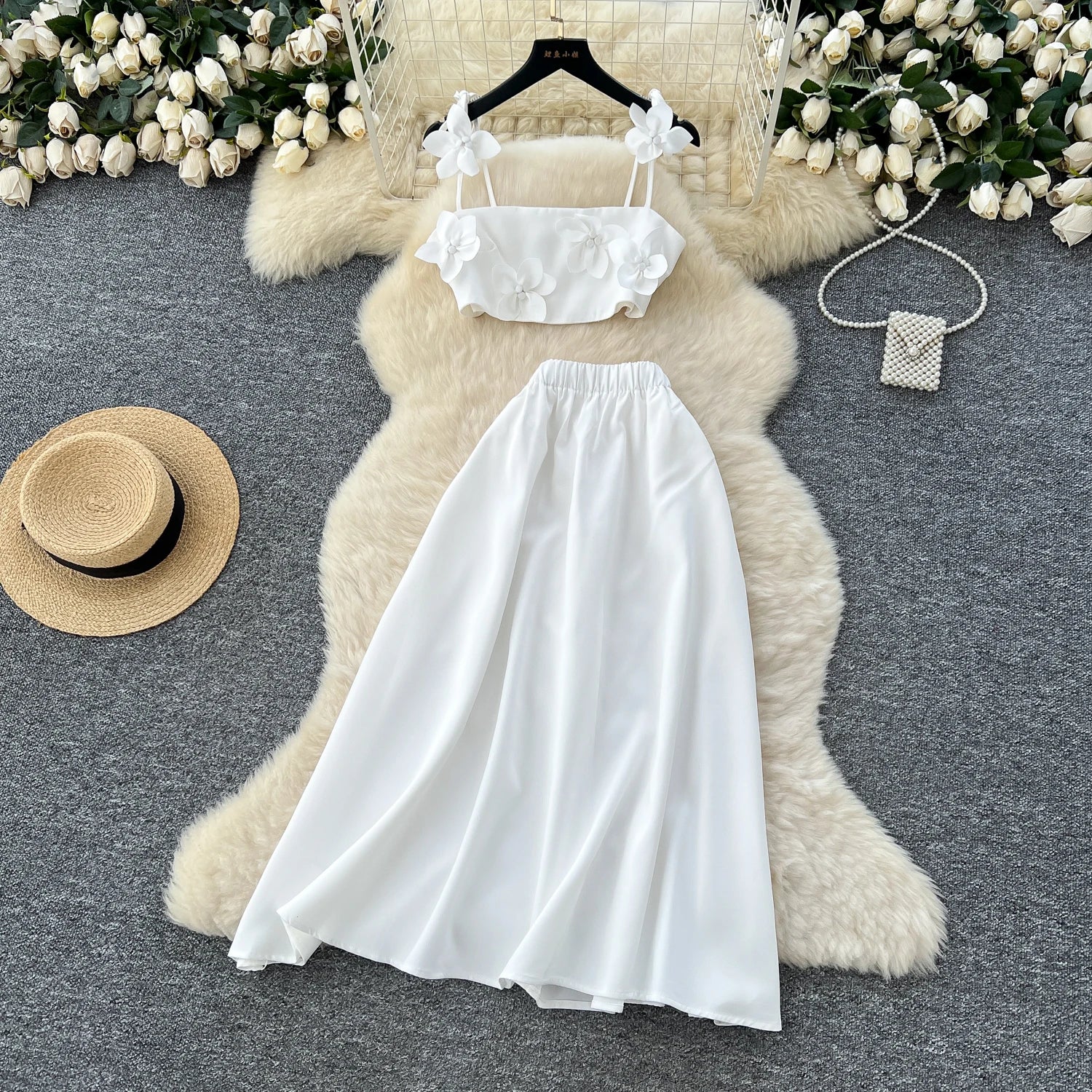 Summer Women's Sweet Sets Crop Top And High Waist 3D Skirts Set Ropa Wholesale