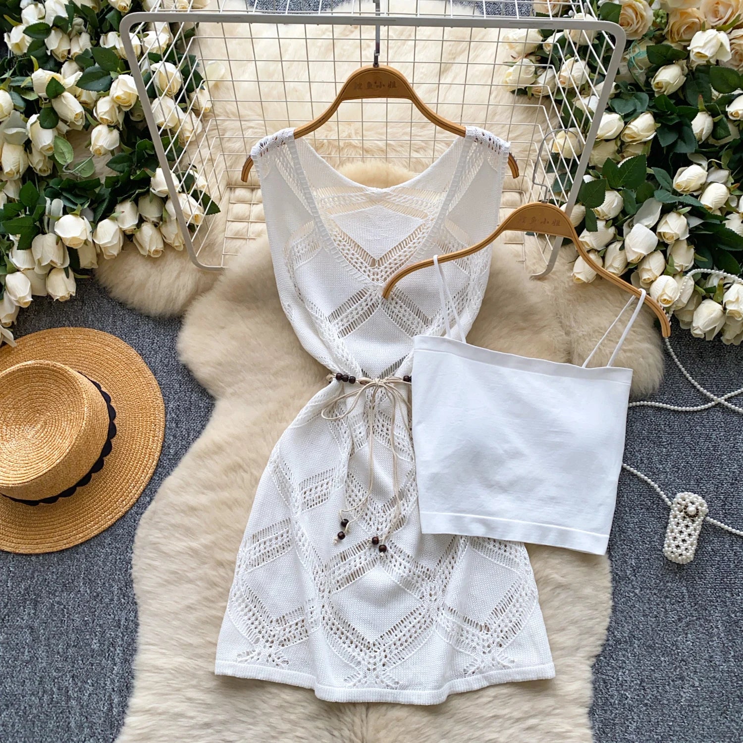 Summer Korean 2 Piece Set for Women Tube Top And Knitted Knitted Dress Set Ropa Wholesale
