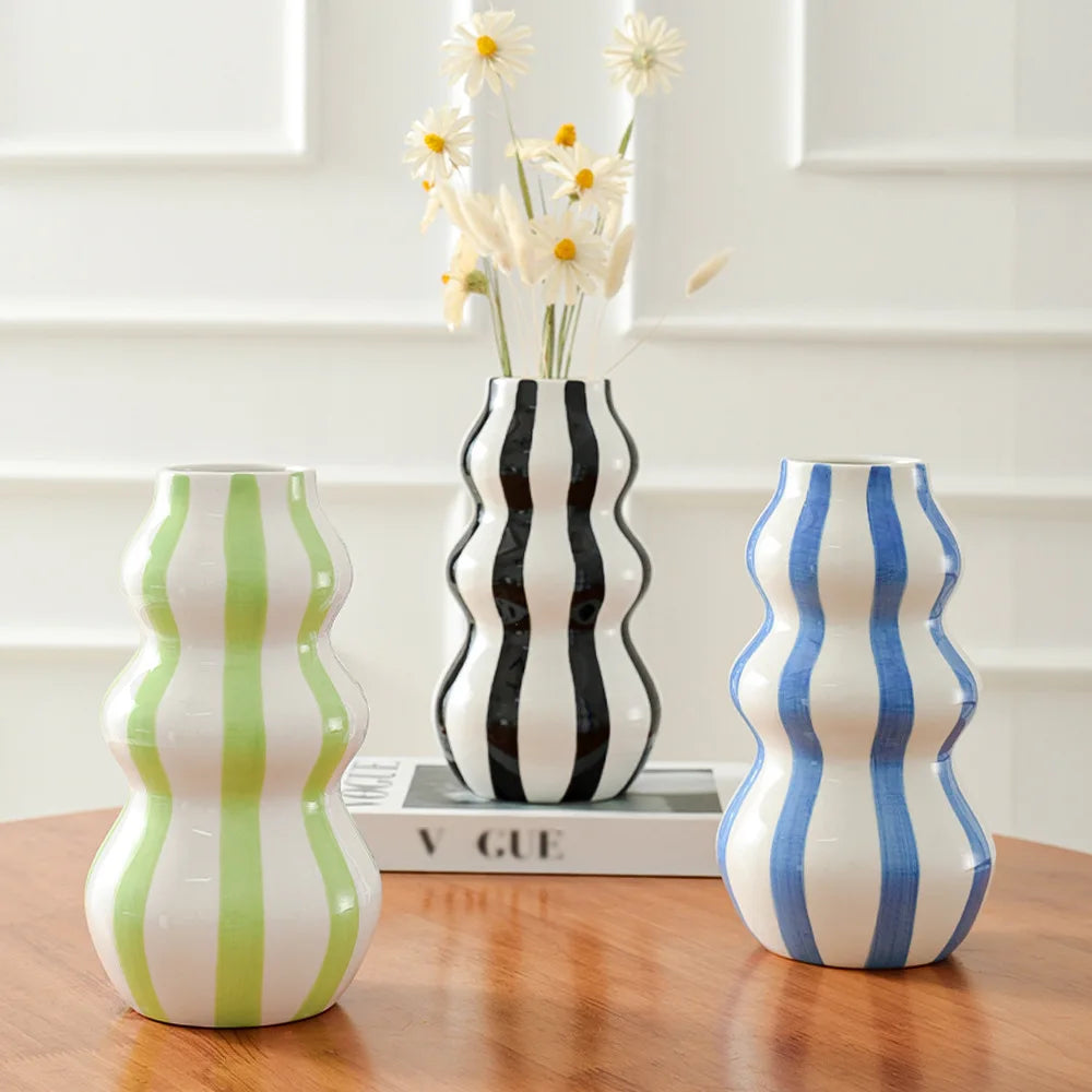 Modern Wavy Stripe Ceramic Flower Vase Decorative Table Vase for Home Living Room Centerpiece Nordic Style Colorful Ceramic Vase MegaBDM