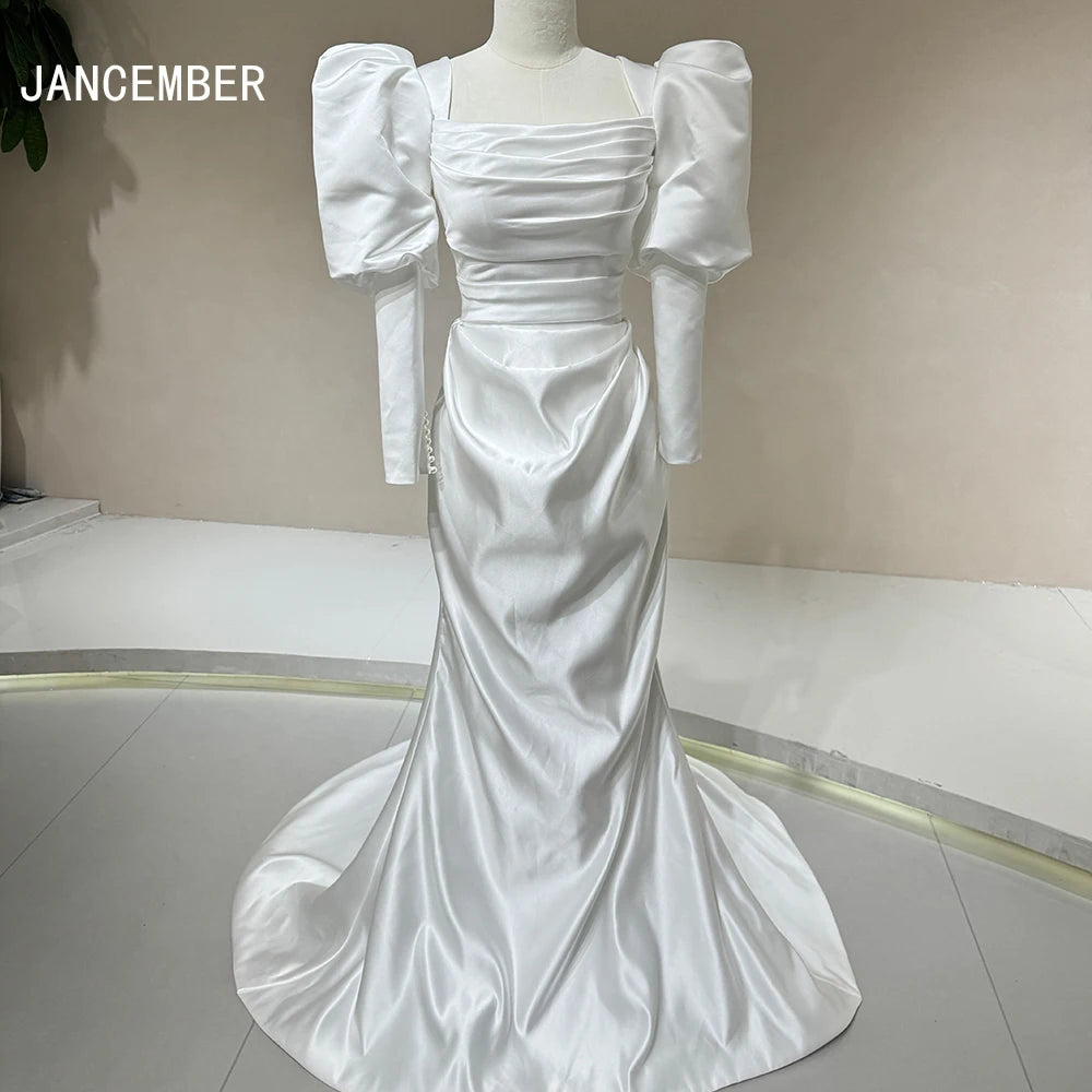 Jancember DW0013 Chic Satin Puff Sleeve Ruched Mermaid Wedding Dresses for Women MegaBDM