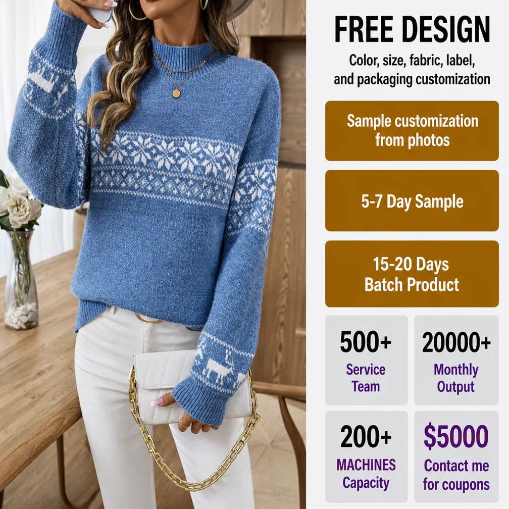 FNJIA Christmas Sweaters for Women Jacquard Knit Jumper Blue Snowflake Mockneck Chenille Sweater Pullover Winter Knitwear OEM MegaBDM