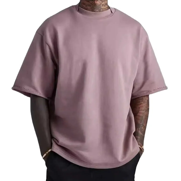 Luxury Men's 100% Cotton T-Shirt 350g Heavyweight Oversized Crewneck Drop Shoulder Streetwear Style Solid Contrast Trim Cotton