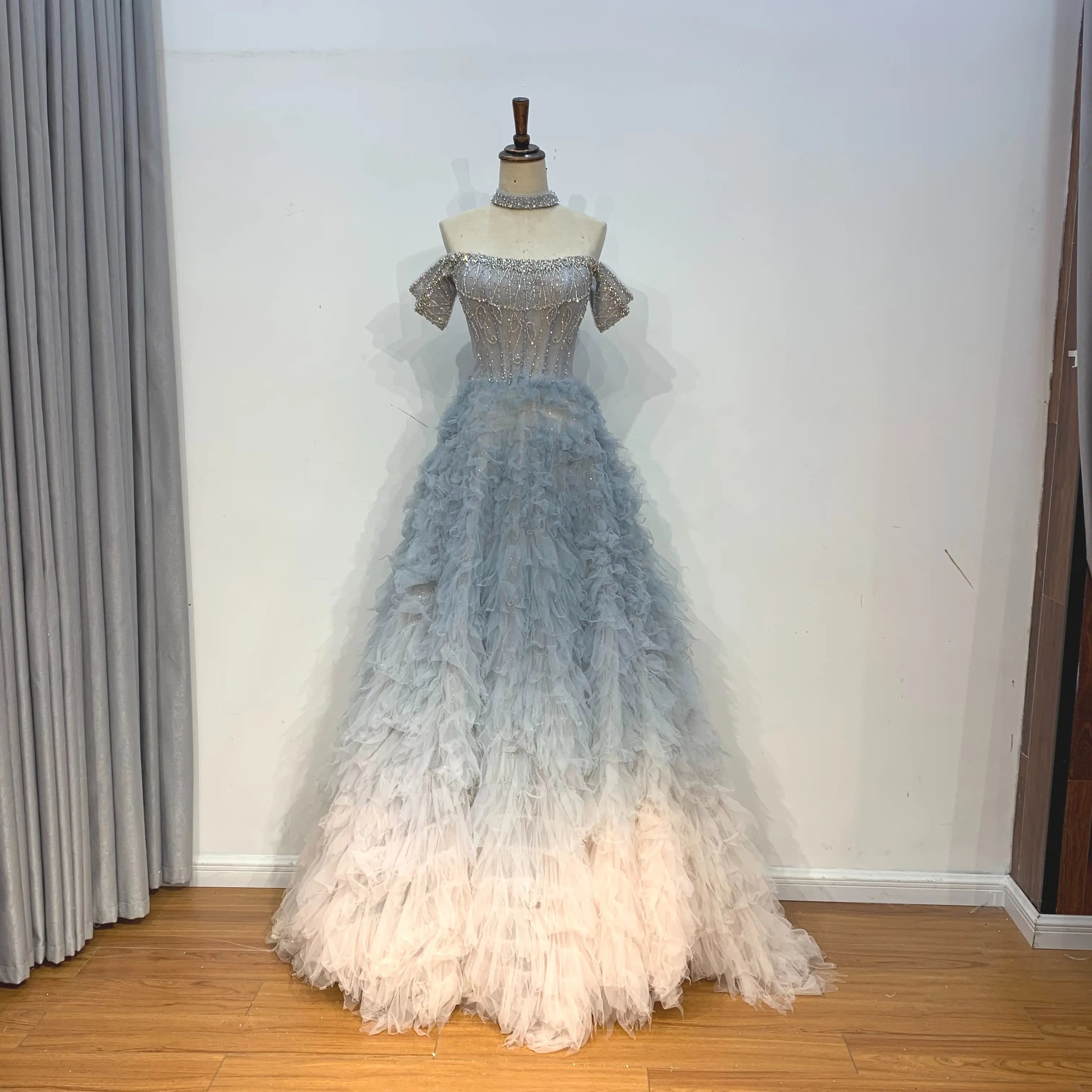 Jancember LSMZ02 Fashion Gradient Color Off Shoulder A-line Ruffle Evening Prom Dresses