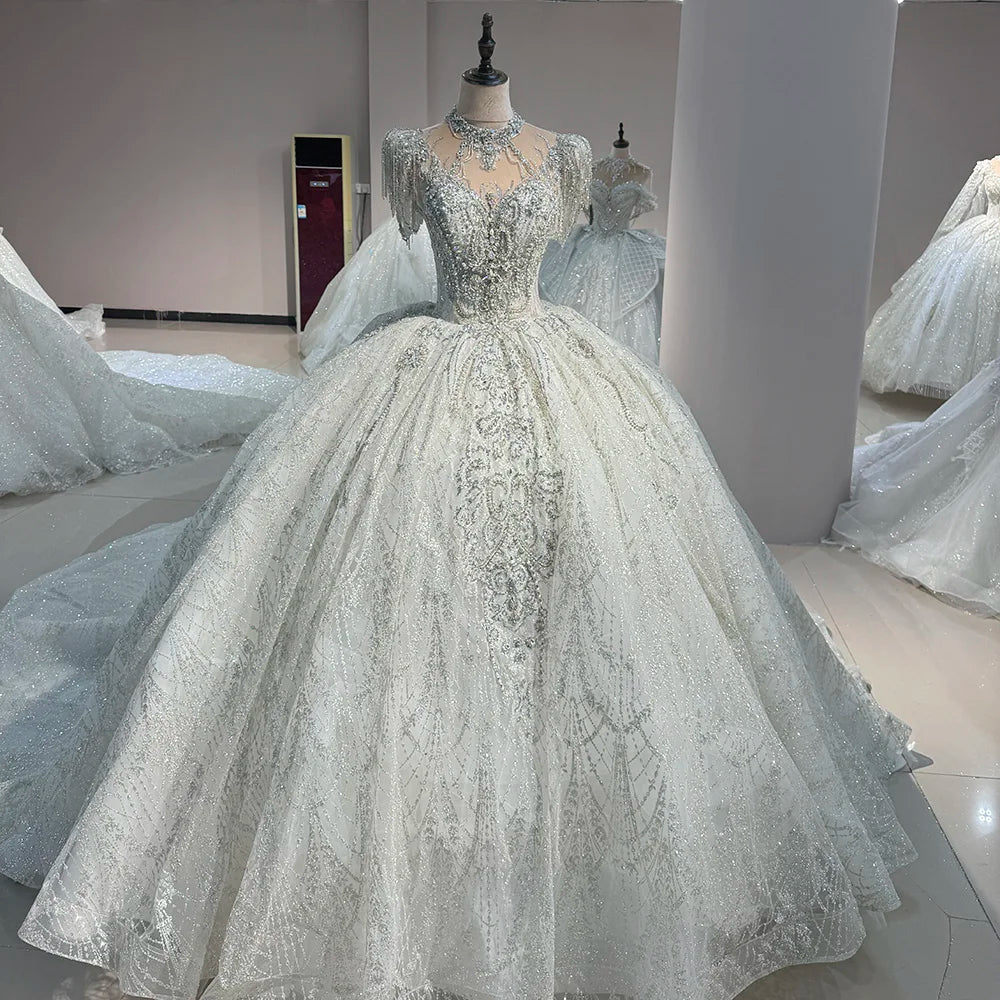 Jancember DW0040 Shiny Short Sleeve Tassel Ball Gown Puffy Women's Wedding Dresses
