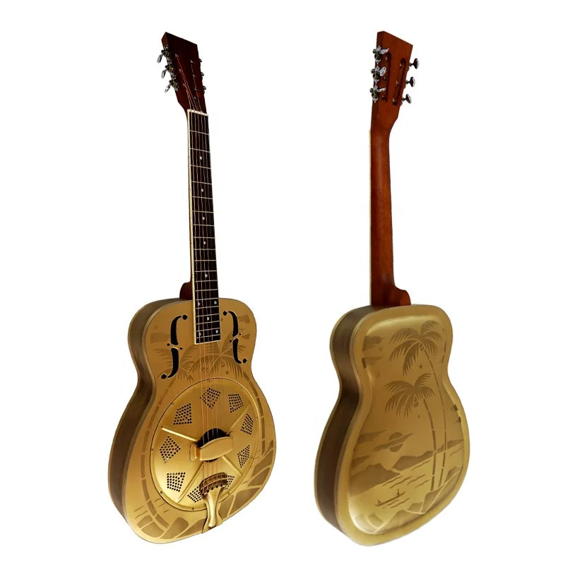 Aiersi Style O Golden Hawaii Tree Pattern Brass Body Resonator Guitar Vintage Copper Metal Single Cone Biscuit Bridge Custom MegaBDM