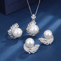 High Quality Imitation White Pearl Jewelry Set Feather Design CZ Pendant Necklace Ring Stud Earring Elegant Tahitian Pearl Gifts MegaBDM