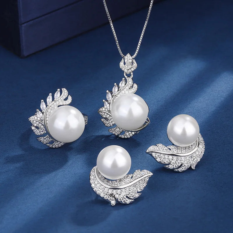 High Quality Imitation White Pearl Jewelry Set Feather Design CZ Pendant Necklace Ring Stud Earring Elegant Tahitian Pearl Gifts MegaBDM