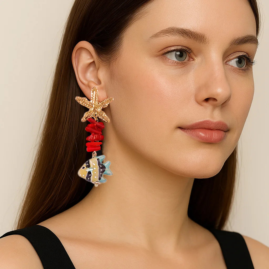 European and American Summer New Fashion Ocean Vacation Style Alloy Starfish Conch Colorful Fish Long Earrings Niche Women's