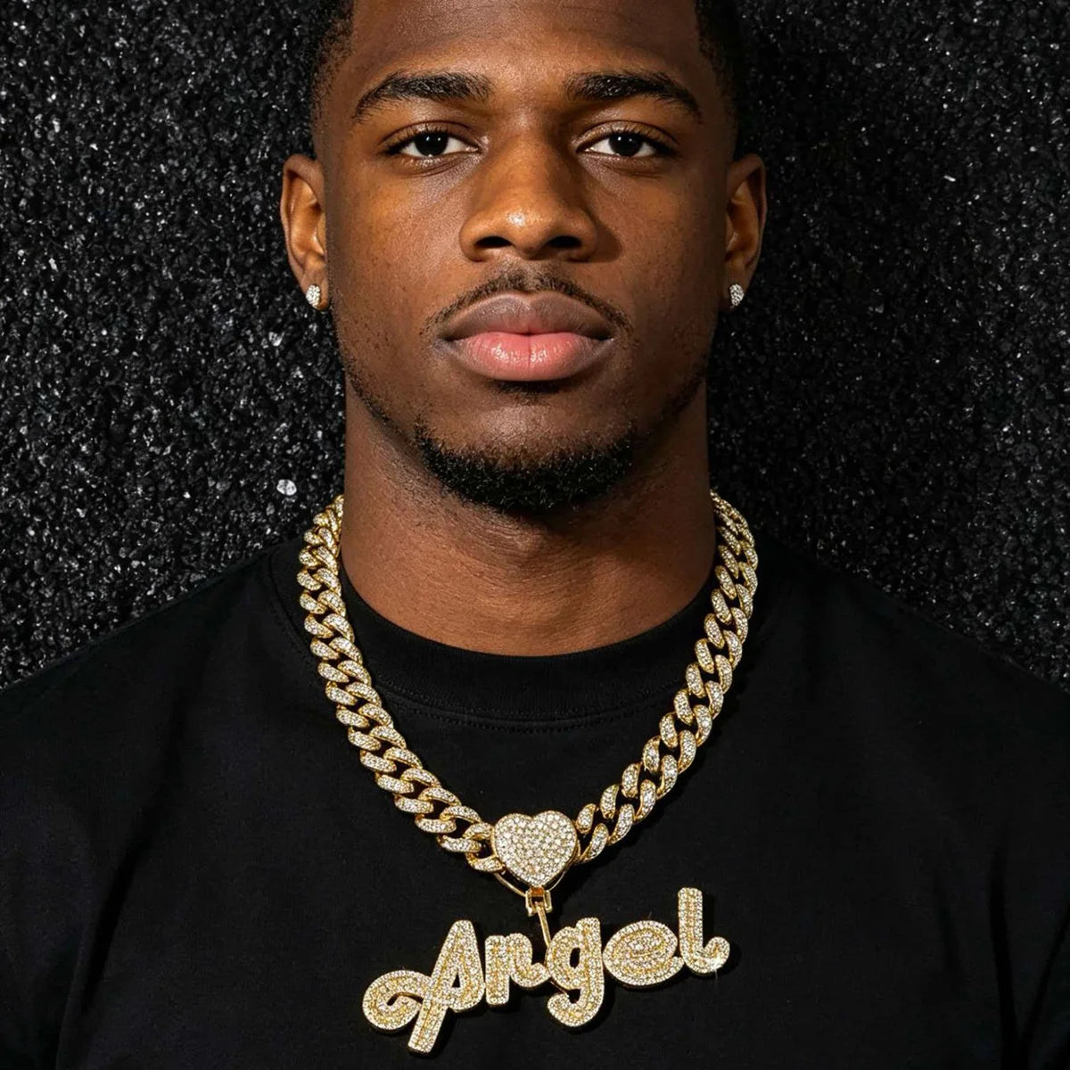 Iced Out "Angel" Cursive Letter Pendant Necklaces with Heart Hook Gold Plated Cuban Chain Hip Hop Bling Statement Jewelry Gifts MegaBDM