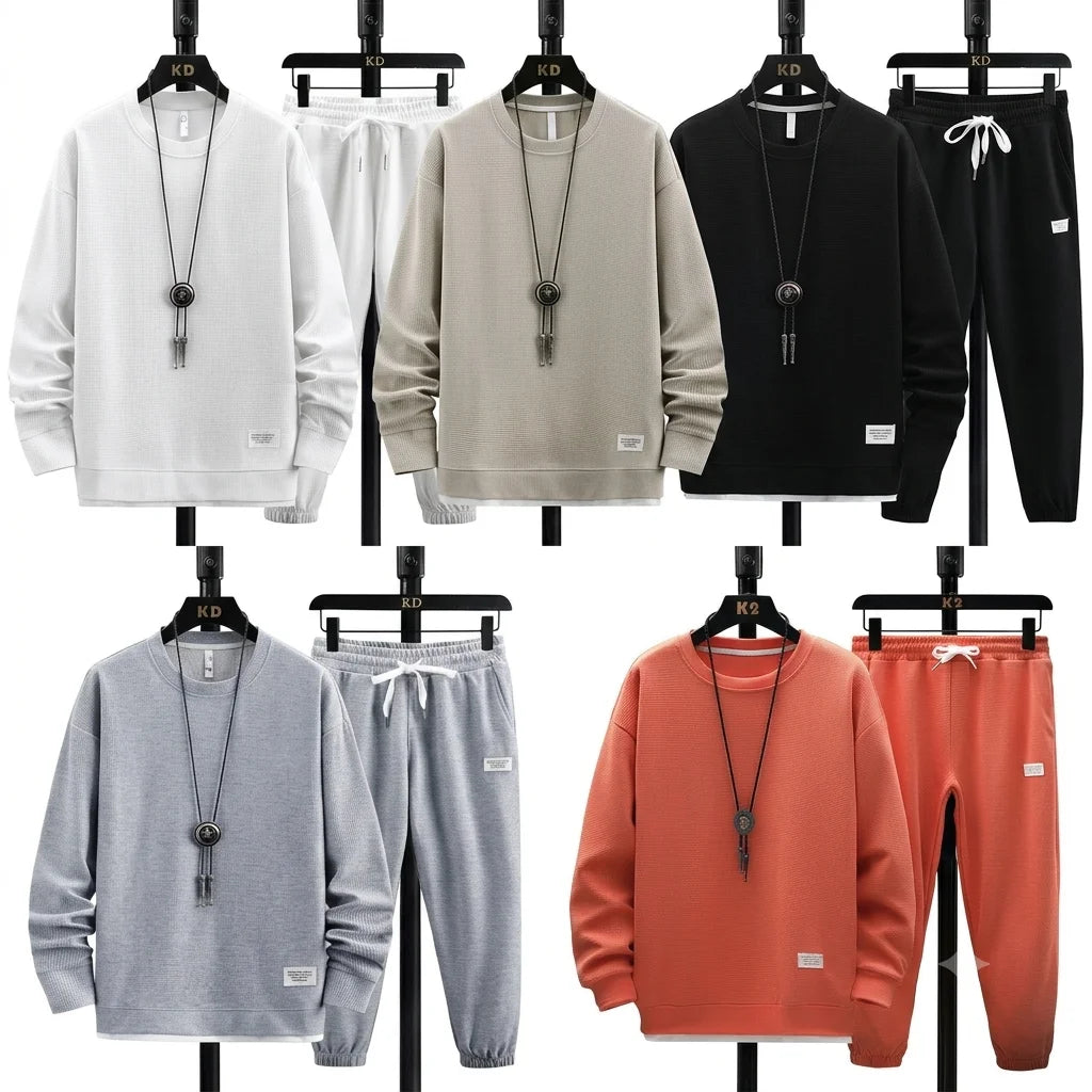 China Bangladesh Factory Price OEM Customized Logo Embroidery Waffle Casual Long Sleeve Men Sportswear Set MegaBDM