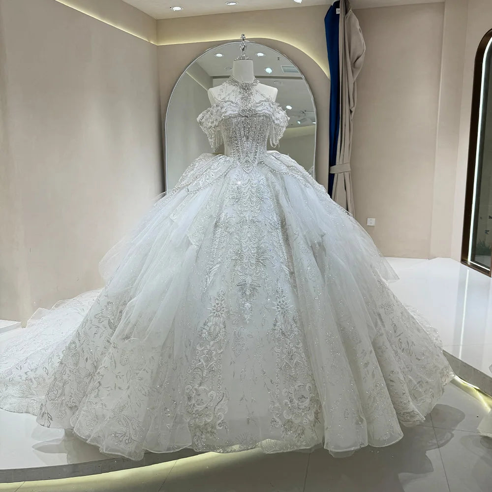 Jancember DW0051 Heavily Beaded Tassel Tulle Fabric Wedding Lace Dresses MegaBDM