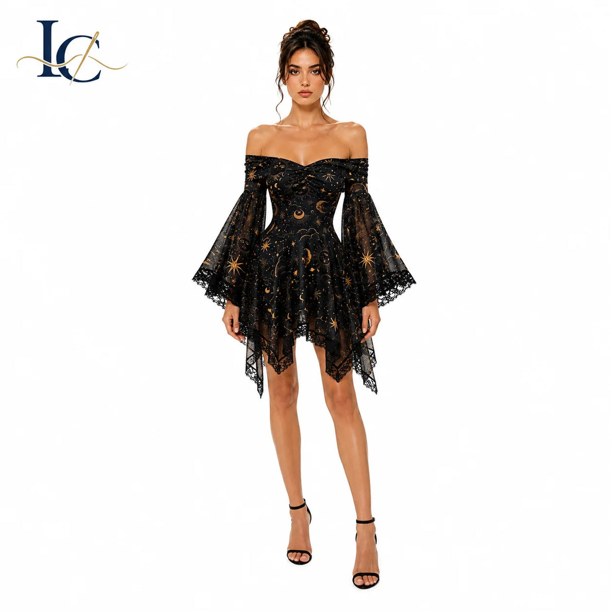 Sexy Black Womens Mini Dress Off Shoulder Bell Sleeve Celestial Print Lace Asymmetrical Hem Party Club Dress MegaBDM
