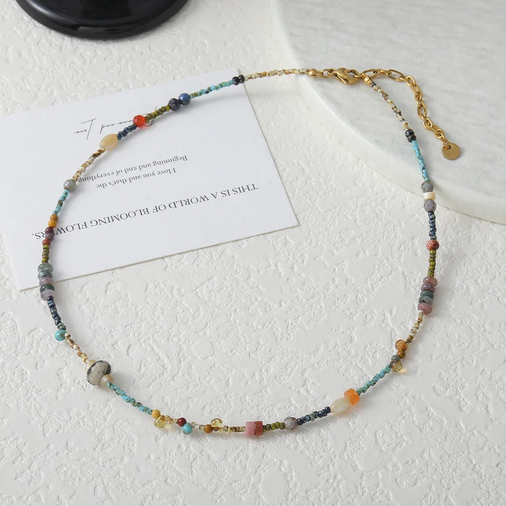 Fashion Original Vintage Handmade Natural Blue Stone Clavicle Chain Niche Exquisite Ethnic Rice Beaded Necklace