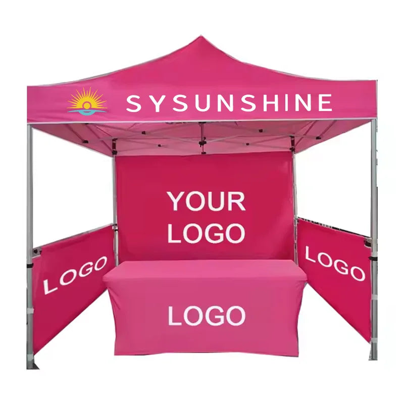 Pink Pop up Canopy Tent Featuring Customizable Logo Spaces on Top Backdrop Side Panels Perfect for Brand Promotion at Events
