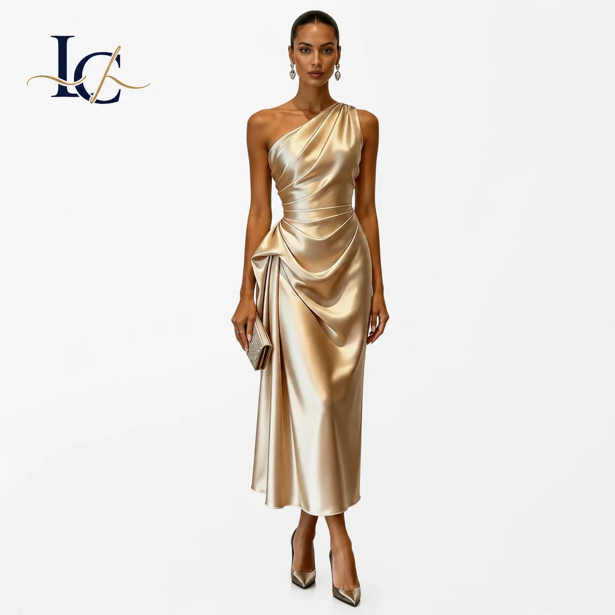 Luxury Champagne Womens Satin Evening Dress Off-the-Shoulder Ruched Waist Draped Sheath Mid-Calf Wedding Party Diamond Wholesale MegaBDM