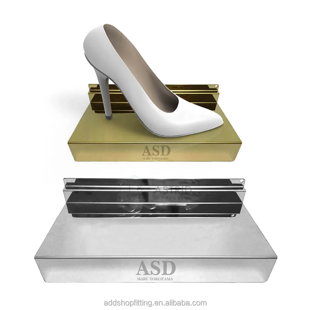 Custom Logo Eco-Friendly Stainless Steel Gold Slat Wall Shoe Display Shelf for Shopping Mall