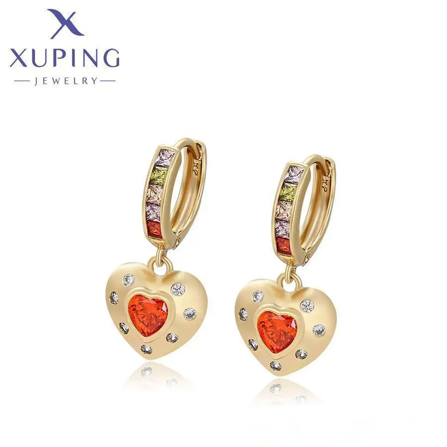 X000788247 XUPING 14K Gold Plated Heart Drop Earrings with Red Crystal & Zircon Fashion Jewelry for Women