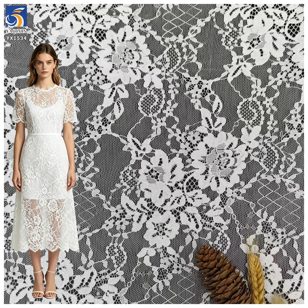 YX1534 Large Floral Non Stretch Polyester Jacquard Chantilly Mesh Lace Fabric for Women's Dresses and Fashion Apparel MegaBDM