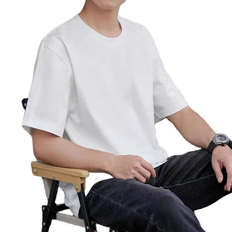 OEM custom logo embroidery printed design 320G Heavyweight Cotton  Men's Summer Loose Half Sleeve Solid Color T-shirt