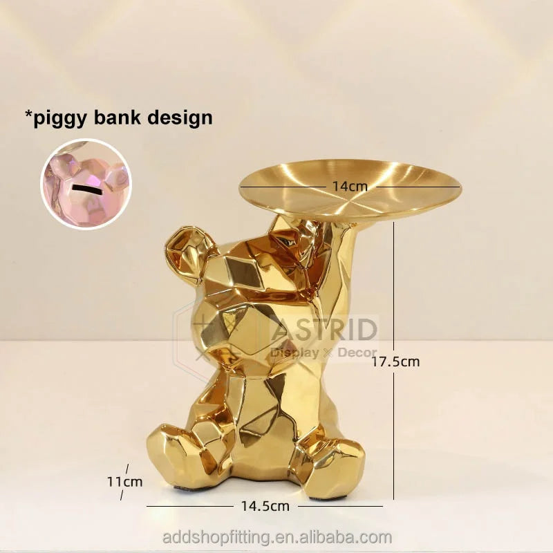 3D Gold Dish Bowl Statue Storage watch Jewelry Key holder ceramics bear tray for Home Decoration
