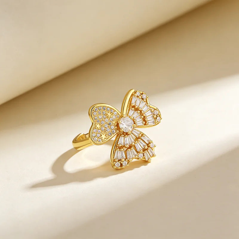 QIKU Butterfly Shape Inlay Crystal Rings 18K Gold Plated Copper Zircon Open Adjustable Trendy Jewelry Wedding Party Gift