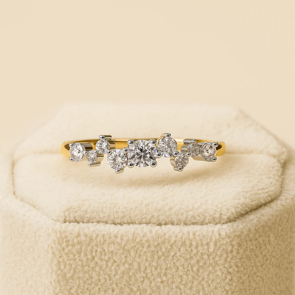 Women's Dainty Cut Moissanite 14K Solid Gold Wedding Band Elegant Fine Original Floating Cluster IGI Certified Ring Bar Party