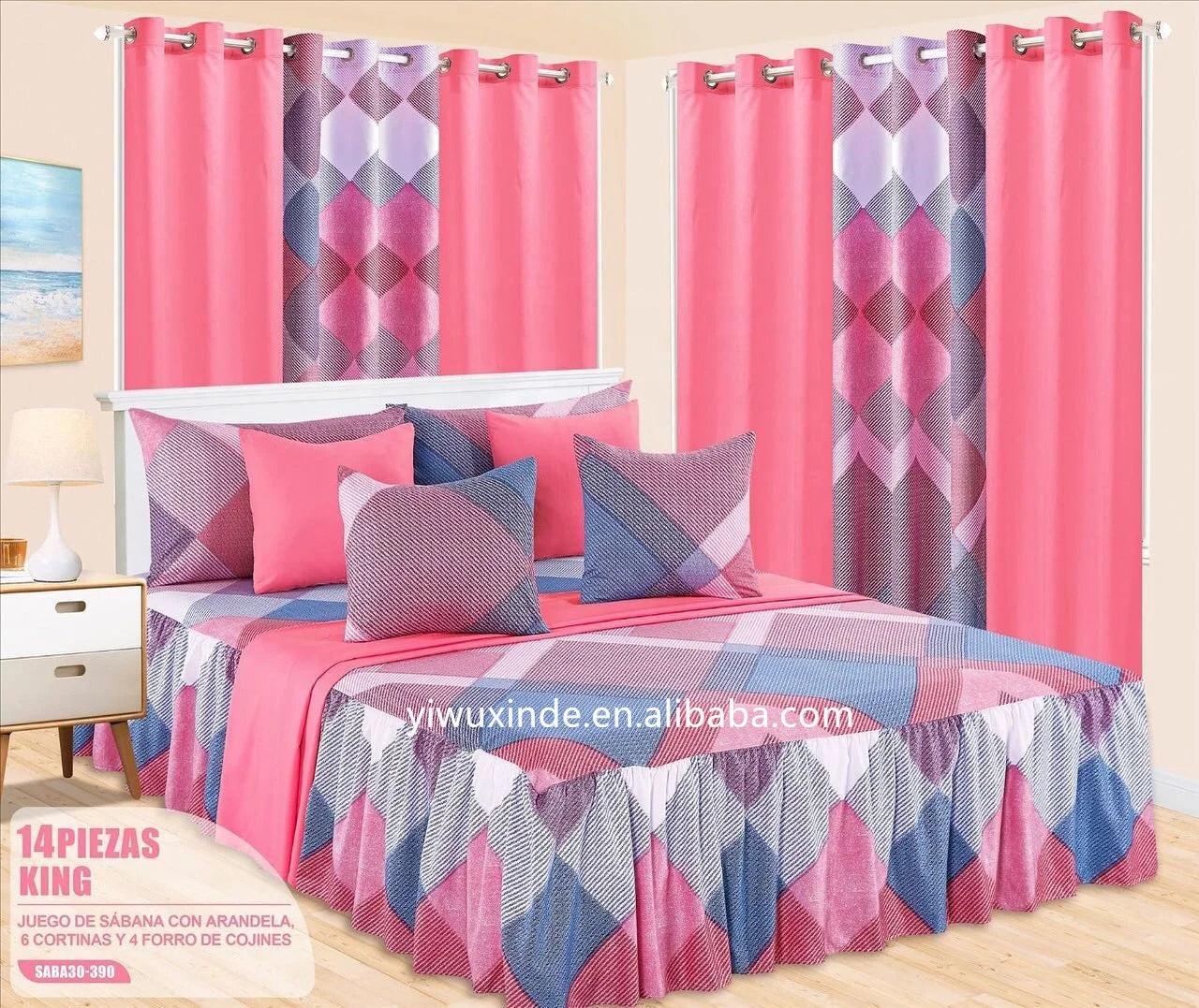 Customized Bed Skirt Sheet Match with Curtains Bed Skirt 14pcs Bedding Set 100% Cotton King/queen Size Ready to Ship
