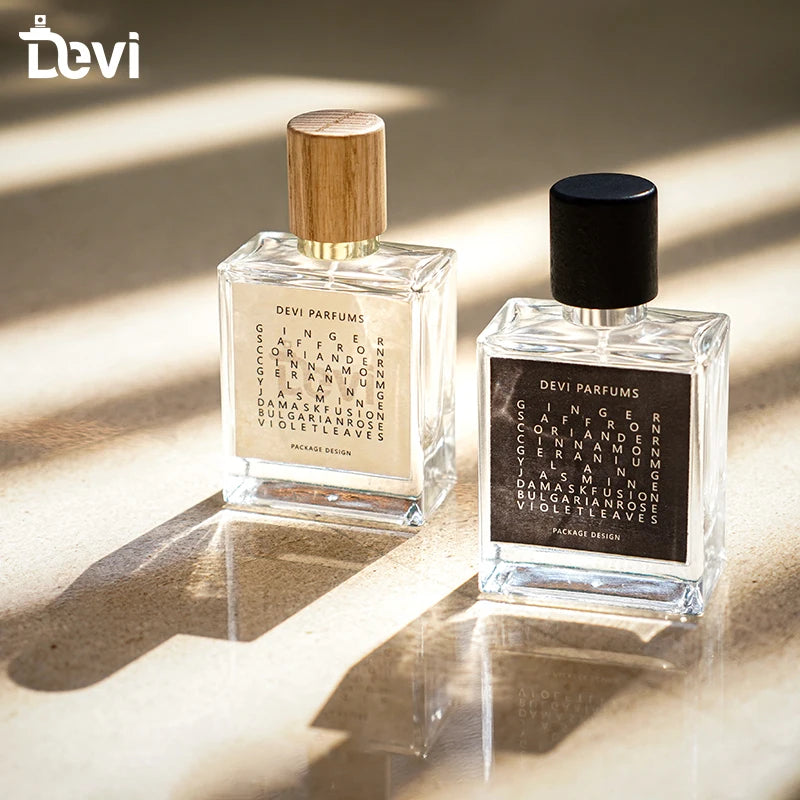 Empty 50ml Clear Luxury High Quality Square Perfume Bottles with Custom Atomizer Wooden Cap Screen Printing Pump Sprayer